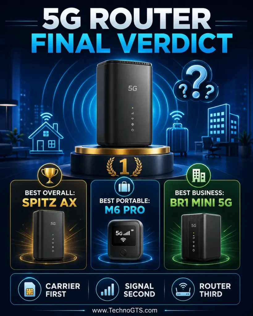 Best 5G router final verdict with top recommendations for overall use, portable connectivity, and business failover