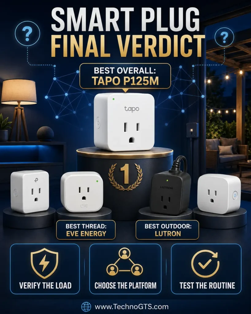 Best smart plug final verdict with Tapo P125M, Eve Energy, and Lutron outdoor smart plug recommendations