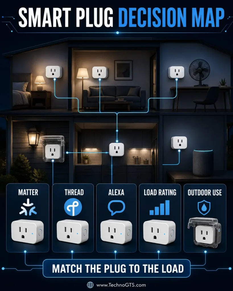 Smart plug decision map covering Matter, Thread, Alexa, electrical load rating, and indoor or outdoor use