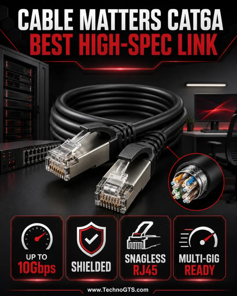 Cable Matters Cat6A shielded Ethernet cable with snagless RJ45 connectors and support for multi-gig and 10Gbps networking