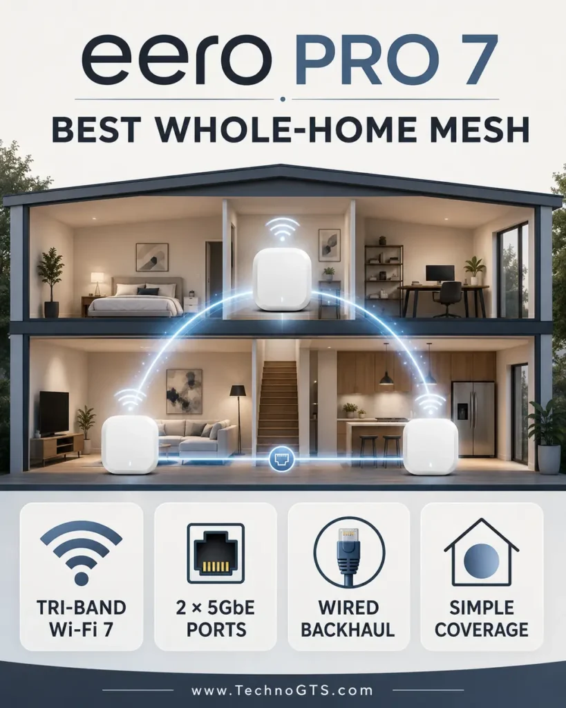 eero Pro 7 best whole-home mesh Wi-Fi system with tri-band Wi-Fi 7, dual 5GbE ports, and wired backhaul