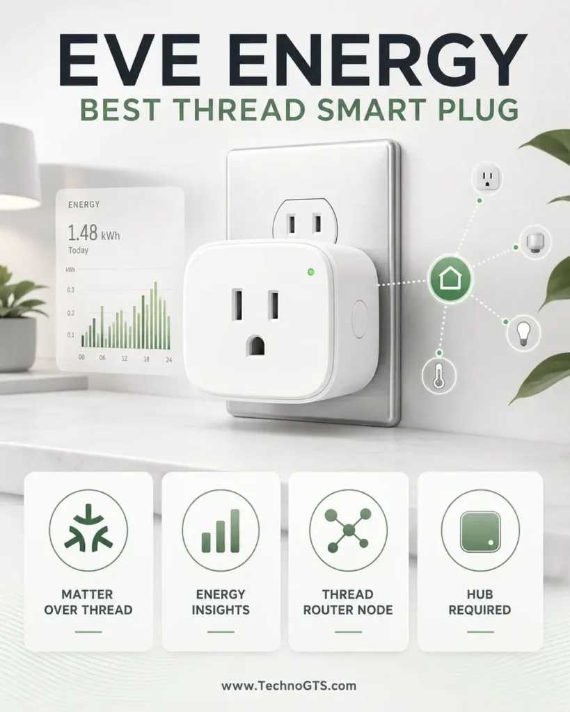 Eve Energy best Matter over Thread smart plug with energy insights, Thread router capability, and compatible hub requirement