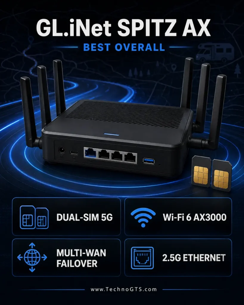 GL.iNet Spitz AX best overall 5G router with dual SIM, Wi-Fi 6, multi-WAN failover, and 2.5G Ethernet