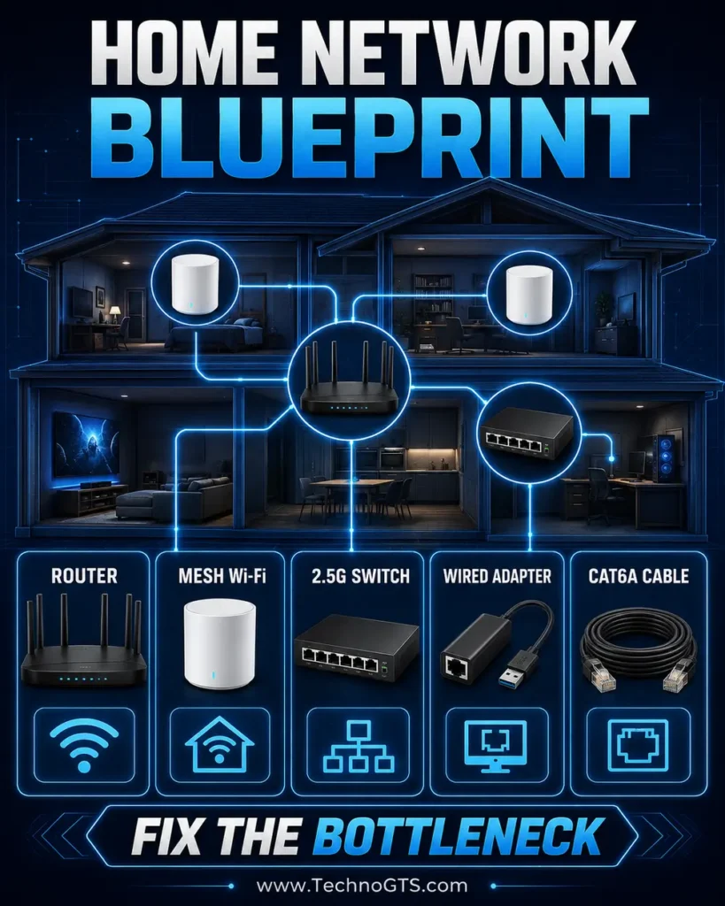 Home network blueprint showing router, mesh Wi-Fi, 2.5G switch, wired adapter, and Cat6A Ethernet cable