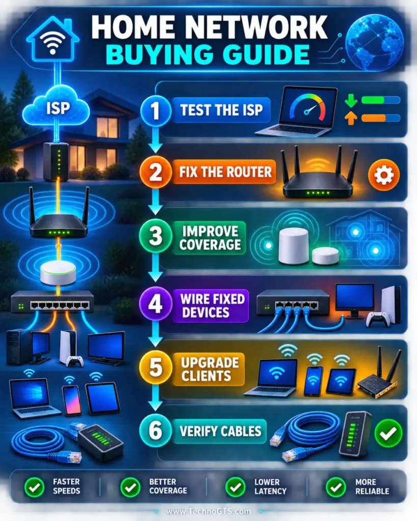 Home networking gear buying guide with steps to test the ISP, fix the router, improve coverage, wire devices, upgrade clients, and verify cables