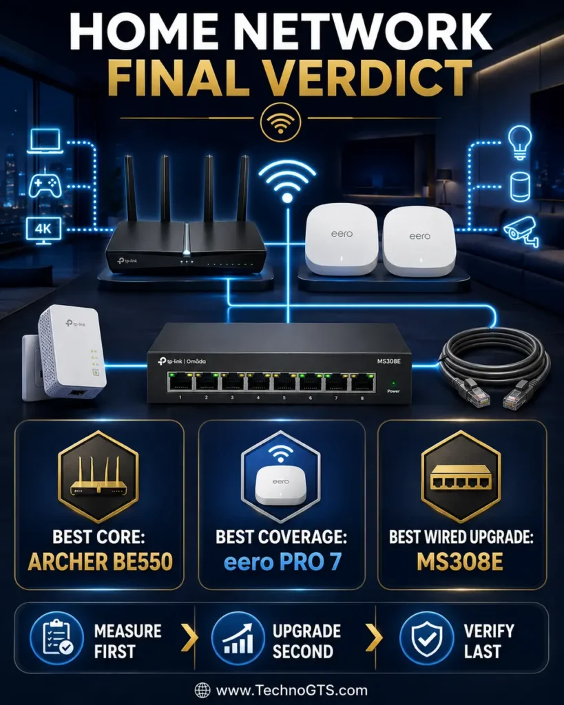 Best home networking gear final verdict with Archer BE550, eero Pro 7, and NETGEAR MS308E recommendations