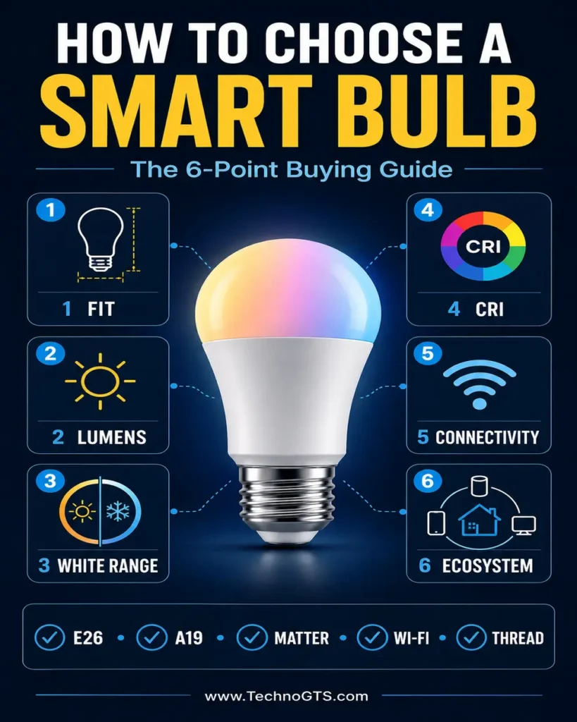 How to choose a smart bulb using fixture fit, lumens, white range, CRI, connectivity, and ecosystem compatibility