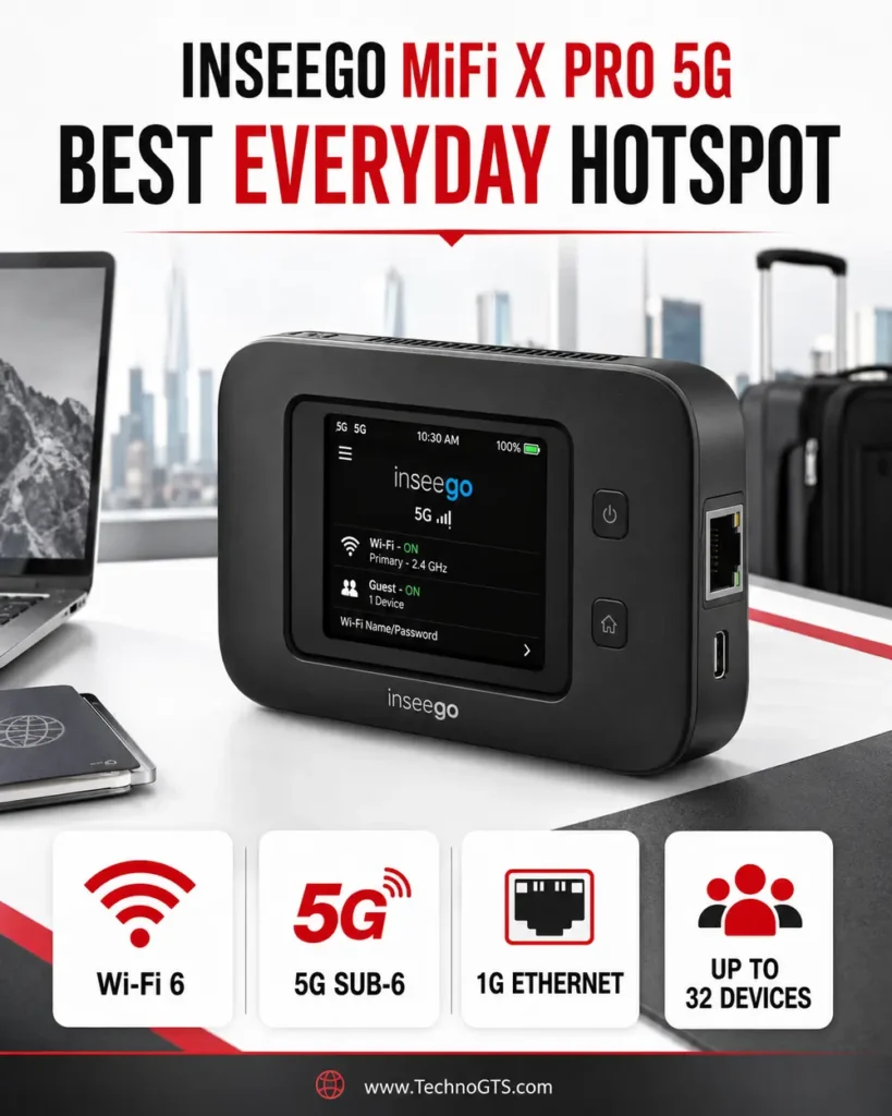 Inseego MiFi X PRO 5G everyday mobile hotspot with Wi-Fi 6, Ethernet, and support for up to 32 connected devices