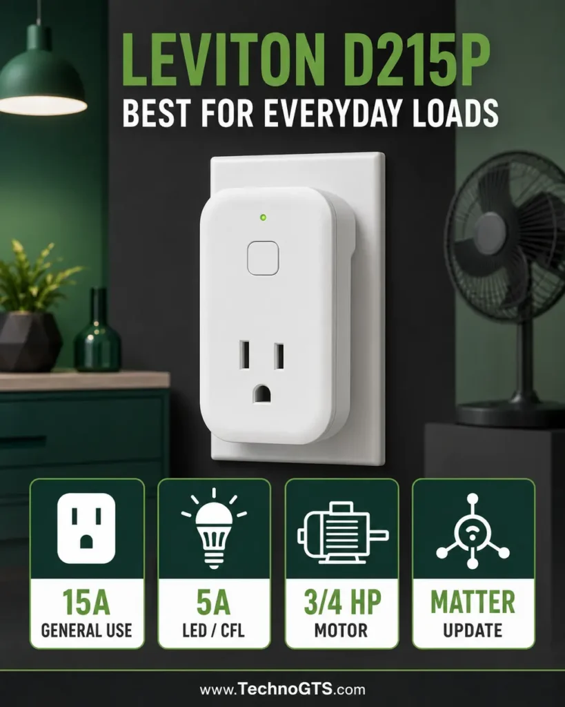Leviton D215P smart plug with 15 amp general use, 5 amp LED and CFL, three-quarter horsepower motor, and Matter update