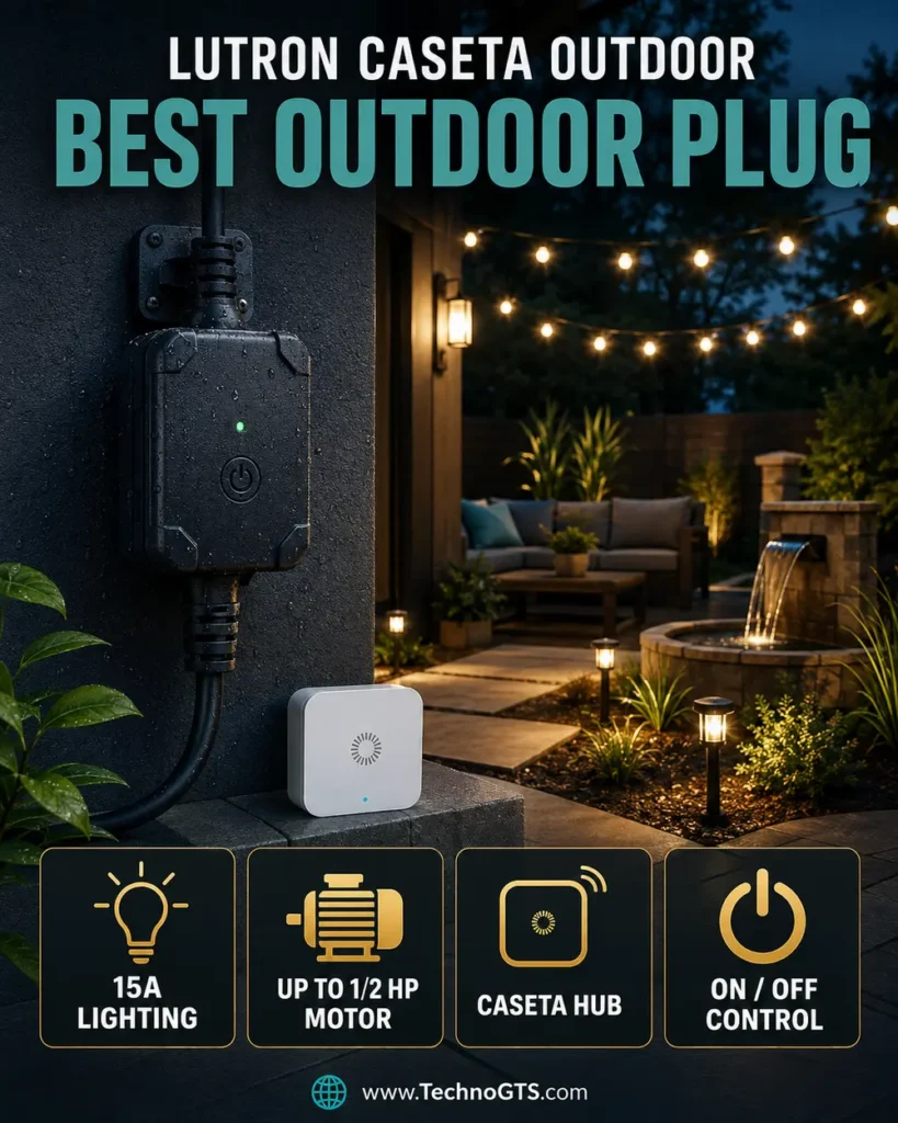 Lutron Caseta PD-15OUT best outdoor smart plug for lighting and compatible half-horsepower motors with Caseta hub control