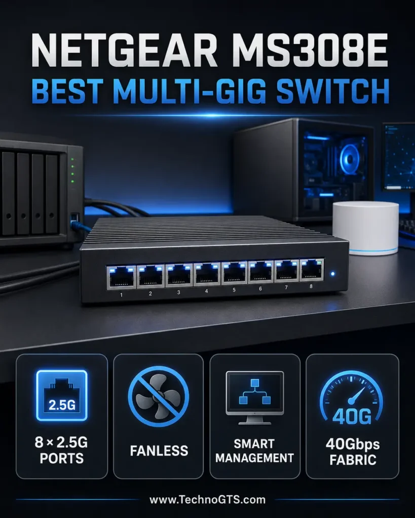 NETGEAR MS308E best multi-gig Ethernet switch with eight 2.5G ports, fanless design, smart management, and 40Gbps fabric