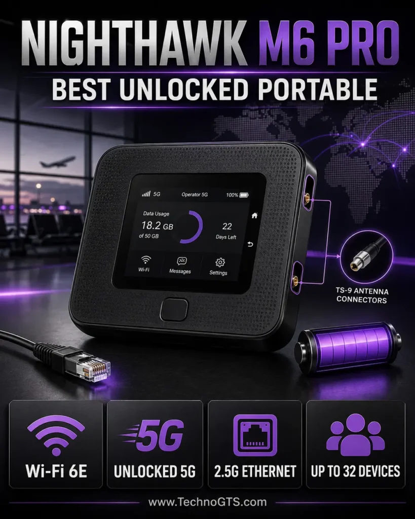 NETGEAR Nighthawk M6 Pro unlocked portable 5G router with Wi-Fi 6E, 2.5G Ethernet, and support for up to 32 devices