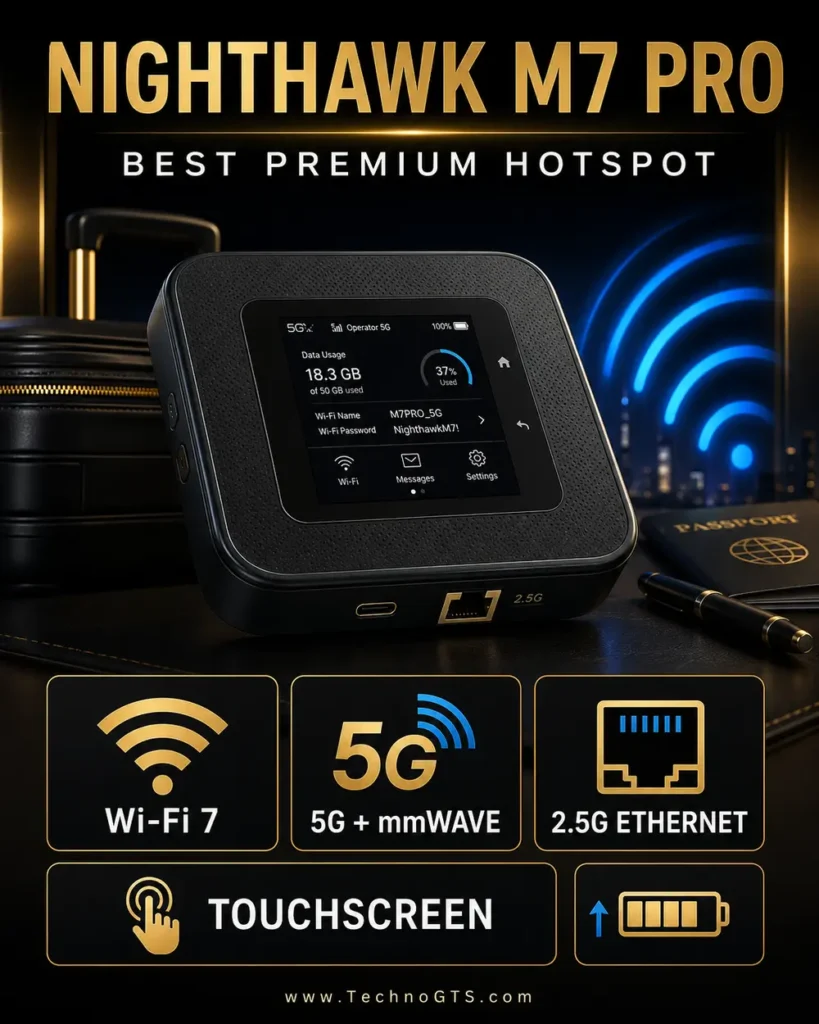NETGEAR Nighthawk M7 Pro premium 5G mobile hotspot with Wi-Fi 7, mmWave, touchscreen, and 2.5G Ethernet