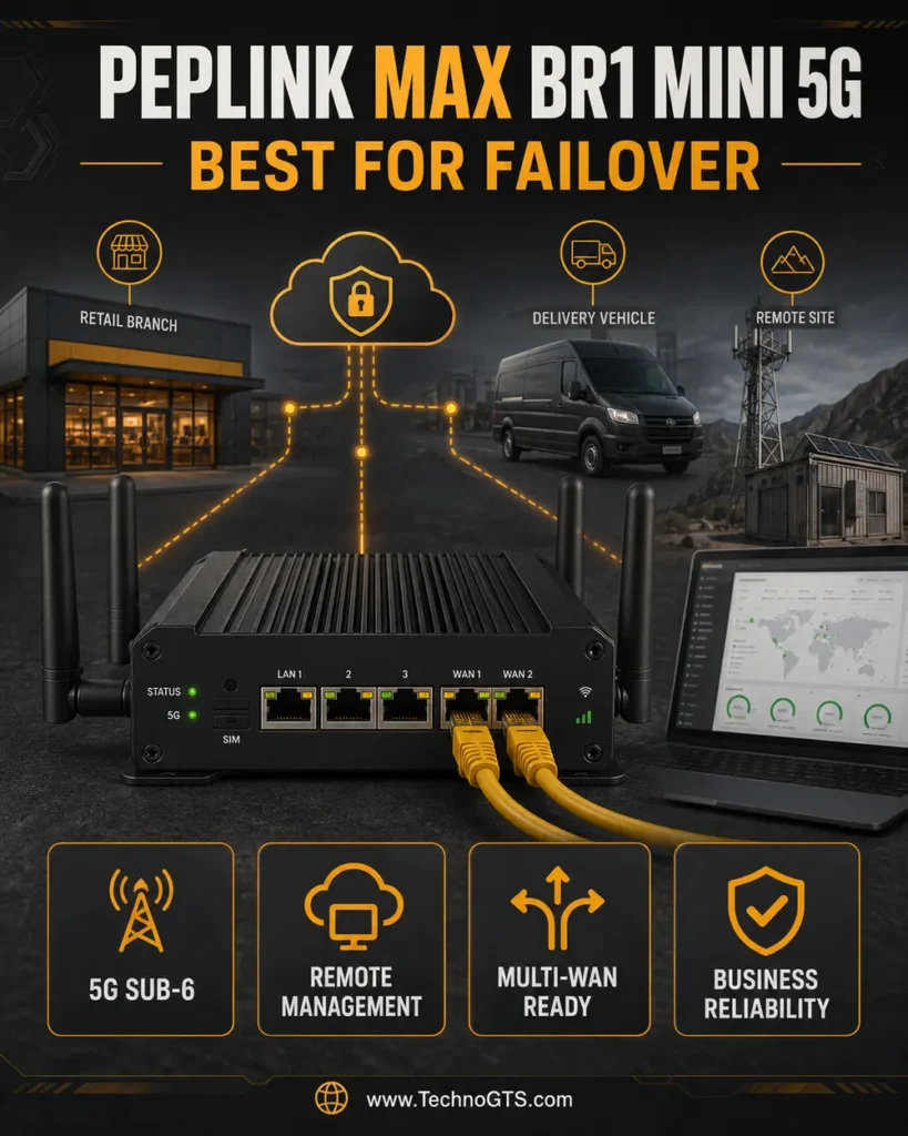 Peplink MAX BR1 Mini 5G business failover router for retail, vehicles, remote management, and reliable multi-WAN connectivity