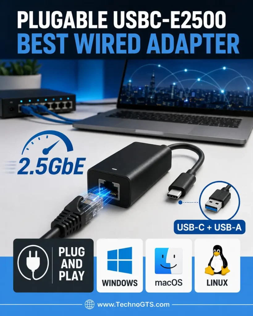 Plugable USBC-E2500 2.5GbE wired network adapter with USB-C, USB-A, and Windows, macOS, and Linux compatibility