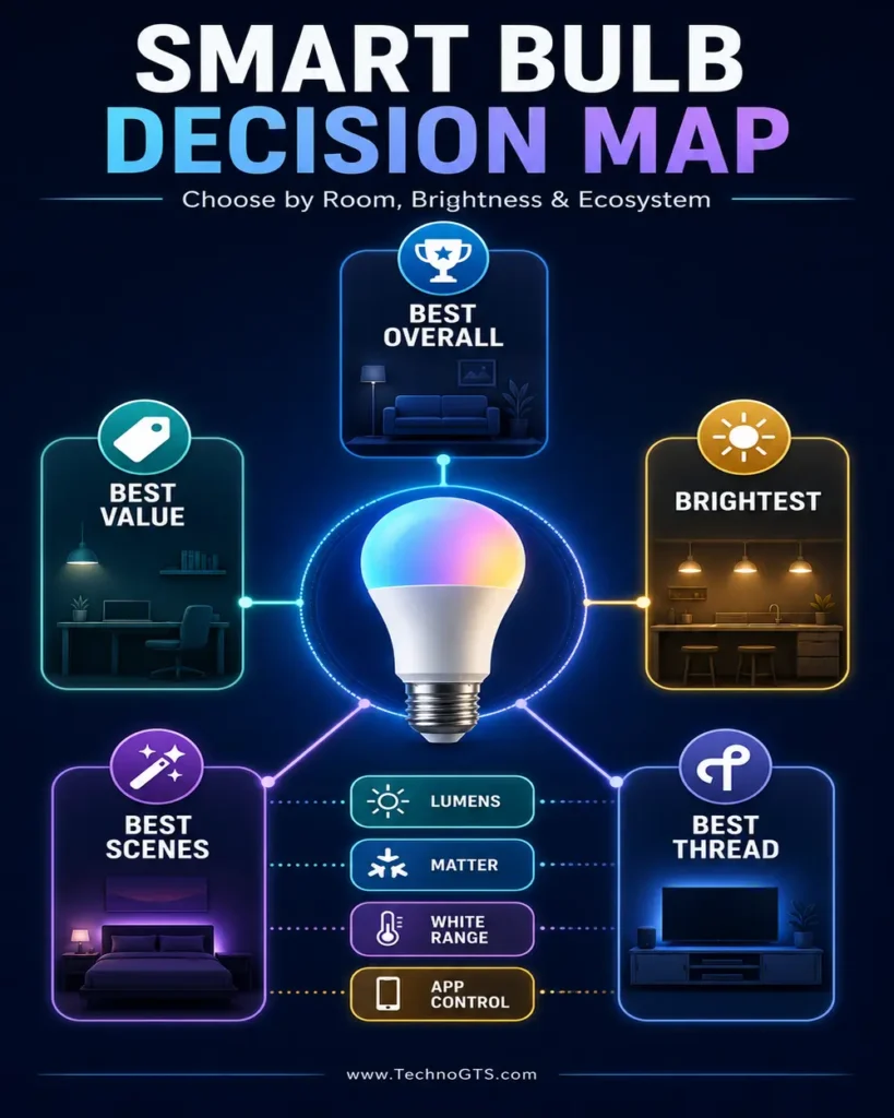Smart bulb decision map comparing the best overall, value, brightness, scenes, and Thread options