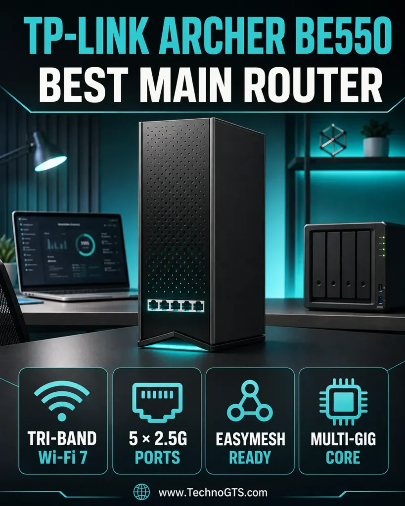 TP-Link Archer BE550 best main router with tri-band Wi-Fi 7, five 2.5G ports, EasyMesh support, and multi-gig connectivity